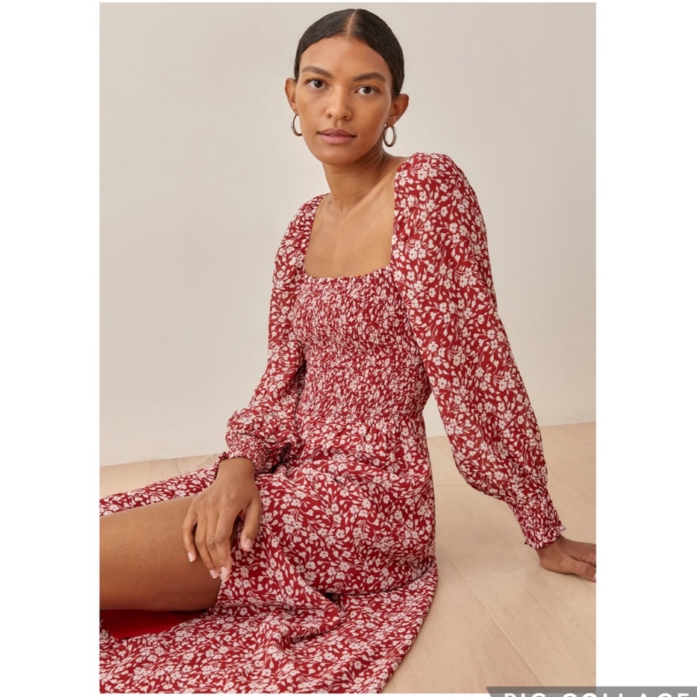 Reformation Small Cello Long Sleeve Midi Georgette Dress Leg Slit